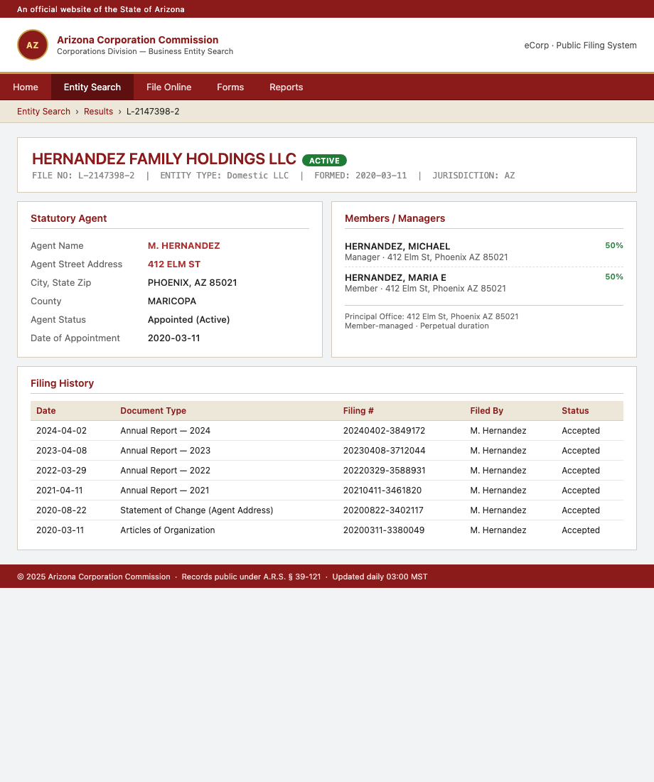Arizona Corporation Commission entity result for a synthesized "Hernandez Family Holdings LLC". Statutory agent address shown in red, members panel listing both spouses, full filing history. Names, file number, and address are illustrative.