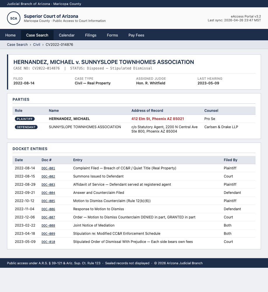 Maricopa County Superior Court docket page for a synthesized civil case. Parties table shows the plaintiff's address-of-record, then a 10-entry chronological docket of filings. Names, case number, and address are illustrative.