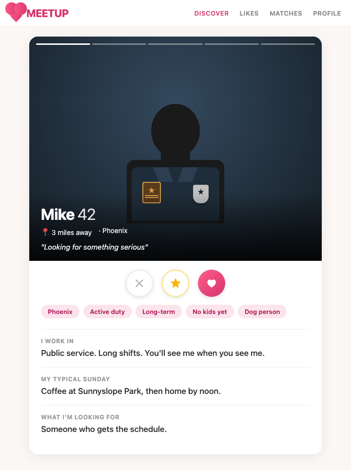 Modern dating-app profile card showing a synthesized "Mike, 42" with first name, neighborhood, age, and prompt answers that compound into identification — work hint, Sunday habit, neighborhood. Photo placeholder shows a partial tactical-shirt detail. All names, photos, and prompts are illustrative.
