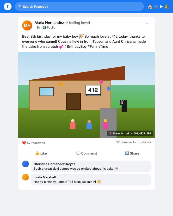 Public Facebook post by a relative — kids' birthday party photo with the house number "412" and "ELM ST" mailbox visible in the background. Caption mentions the address number, hashtags include #BirthdayBoy. Comments name the kids and a sibling. Names and photo are stylized for illustration.