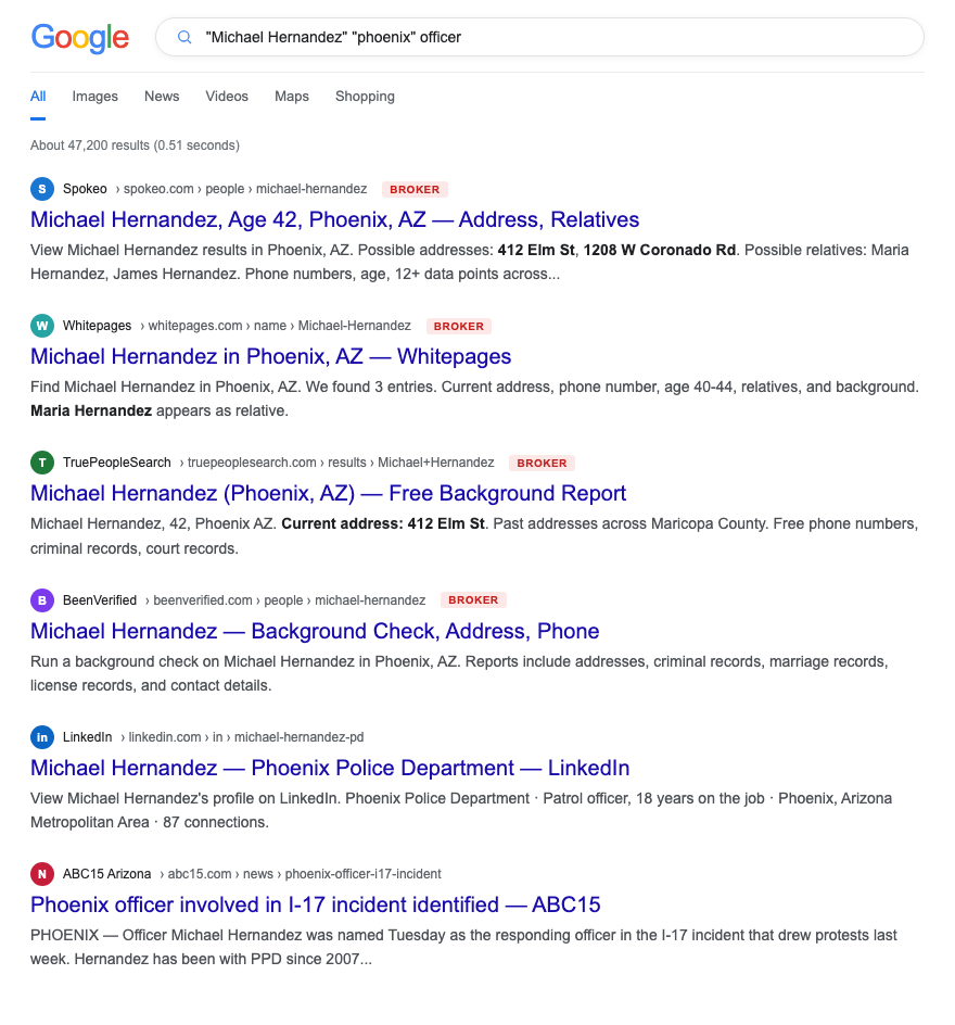 Google SERP for an officer's name showing four broker pages above the fold, then LinkedIn and a news result. Names, ages, and addresses are synthesized for illustration.