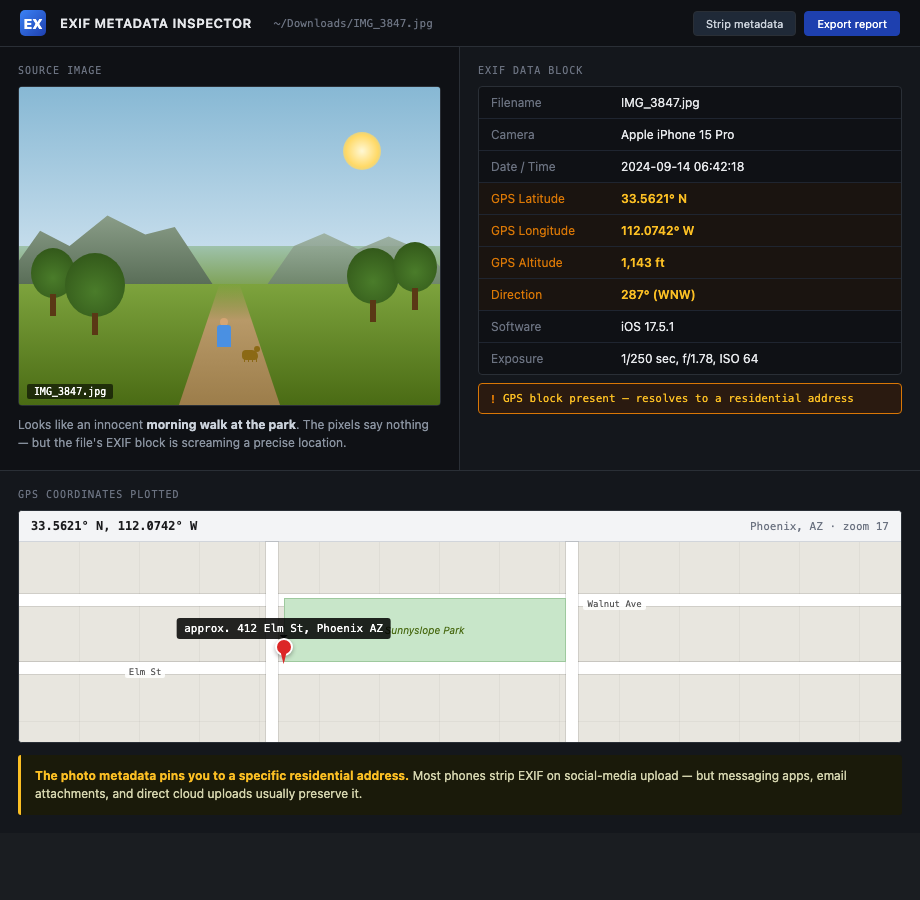 EXIF metadata inspector showing a photo on the left, an EXIF data panel on the right with GPS latitude/longitude/altitude rows highlighted, and a residential map strip below with a pin at the GPS coordinates labeled approx. 412 Elm St, Phoenix AZ. Coordinates and address are illustrative.