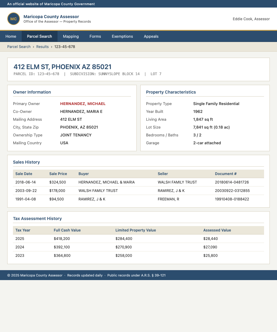 County assessor parcel detail page showing owner name, mailing address, sales history, and tax assessment. Names, parcel ID, and amounts are synthesized for illustration.