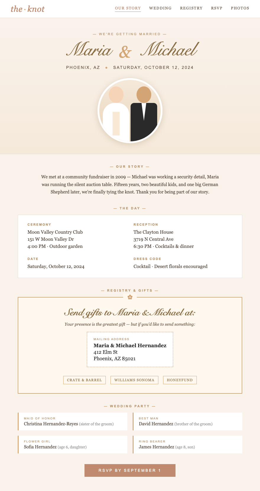 TheKnot-style couple page in cream/pink/gold palette. Shows synthesized couple names, ceremony date and venue, an "Our Story" prompt, the wedding party listed by name (siblings, kids), and a registry card with the mailing/shipping address prominently displayed. Names, dates, and address are illustrative.